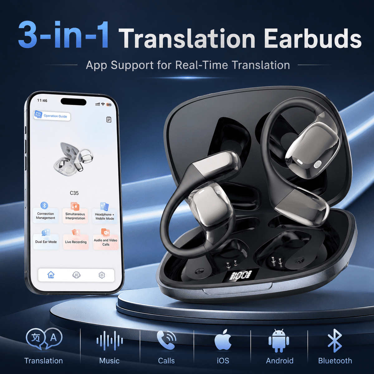 AI Language Translation Earbuds, 3-in-1 AI Translator Earbuds Real Time for 144 Languages, Wireless Bluetooth Headphones, Translator Device with APP fit IOS and Android for Travel, Business, Learning