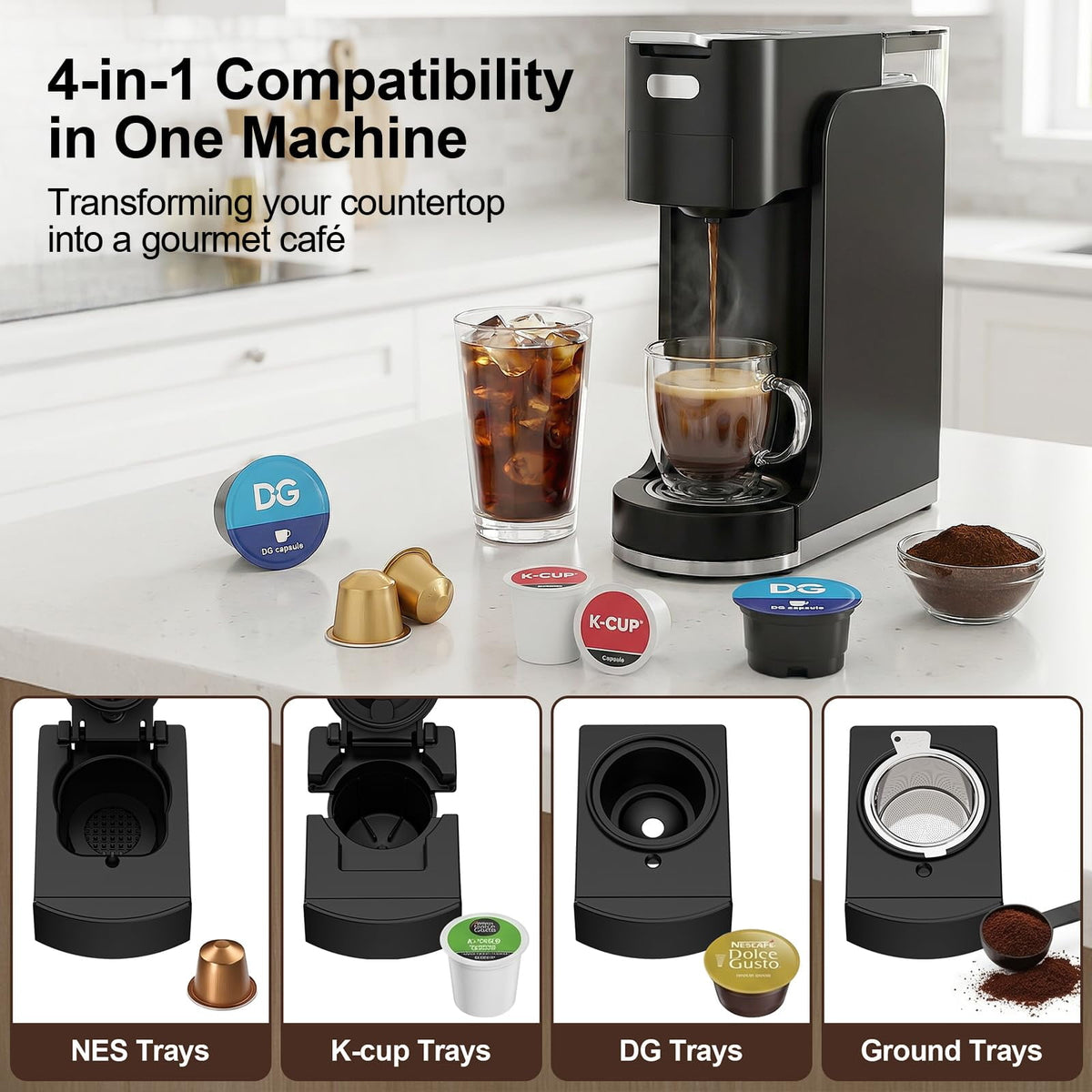 GVODE 4-in-1 Single Serve Coffee Maker, 3-Second Heat-Up, 20 Bar Espresso Machine, for K-Cup, Nespresso Original, DG Pods & Grounds, Black